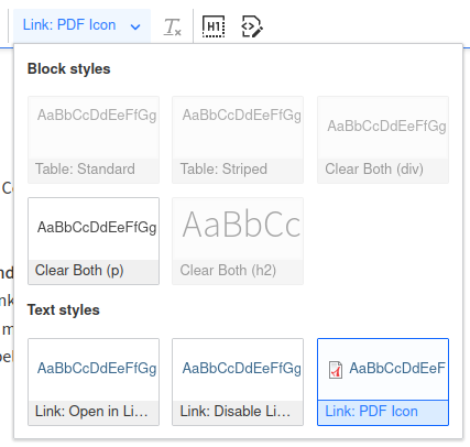 Screenshot of the Styles dropdown with "Link: PDF Icon" highlighted