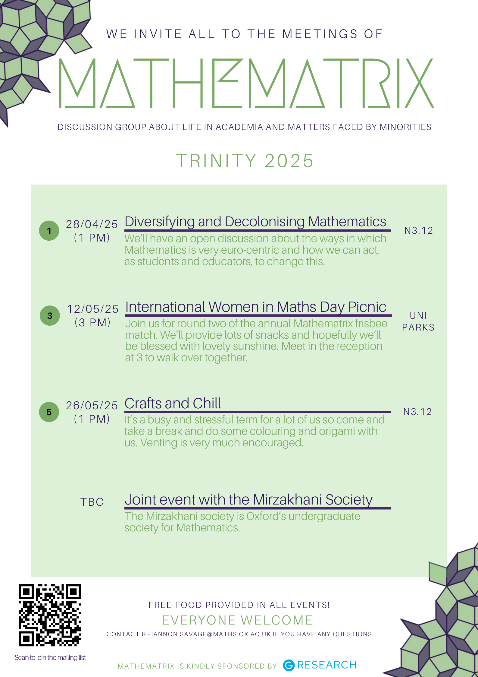 Term card for Trinity 2025, outlining a session on Diversifying and decolonising maths, a picnic for international women in maths day, a crafts and chill session, and a TBC joint event with the Mirzakhani society. 