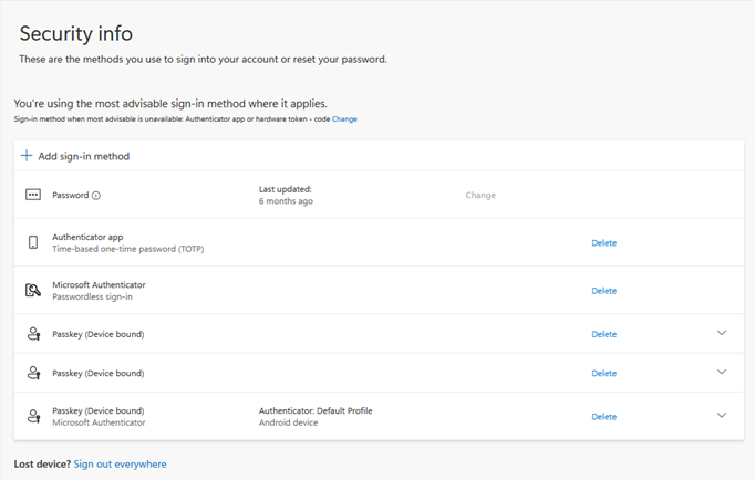 Screenshot of the Microsoft "Security info" page, showing the "Add sign-in method" button