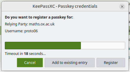 Screenshot showing the KeePassXC passkey registration dialog Screenshot showing the KeePassXC passkey registration dialog