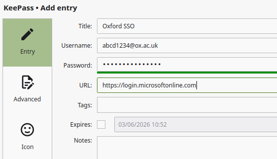 Screenshot showing the KeePassXC "Add entry" dialog