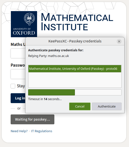 Screenshow showing the Mathematical Institute login page with the KeePassXC "Authenticate passkey credentials" popup Screenshow showing the Mathematical Institute login page with the KeePassXC "Authenticate passkey credentials" popup