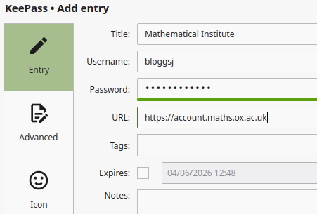 Screenshot showing the KeePassXC "Add entry" dialog