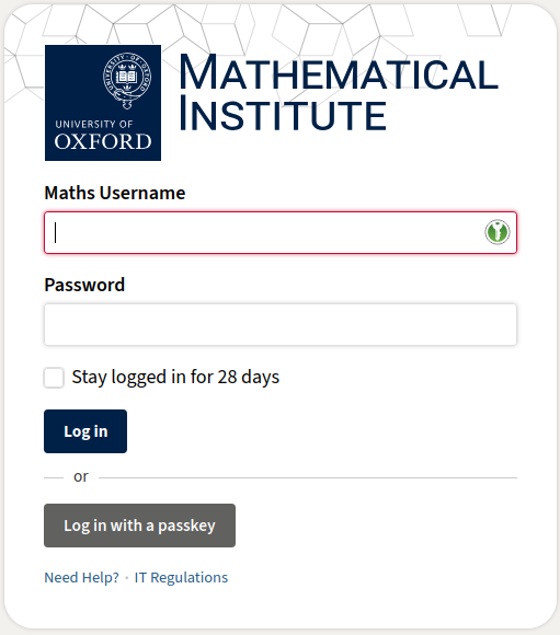 Screenshot showing the Mathematical Institute login page with the KeePassXC icon visible Screenshot showing the Mathematical Institute login page with the KeePassXC icon visible