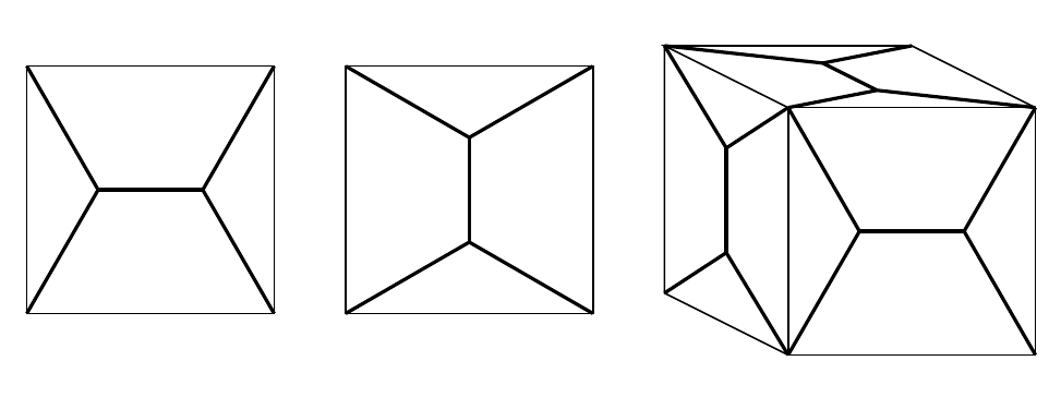 The same road network, then the same but rotated 90 degrees, then copies of those diagrams drawn onto the faces of a cube so that each edge of the cube sees a matched pair on one face and an unmatched pair on the other face.