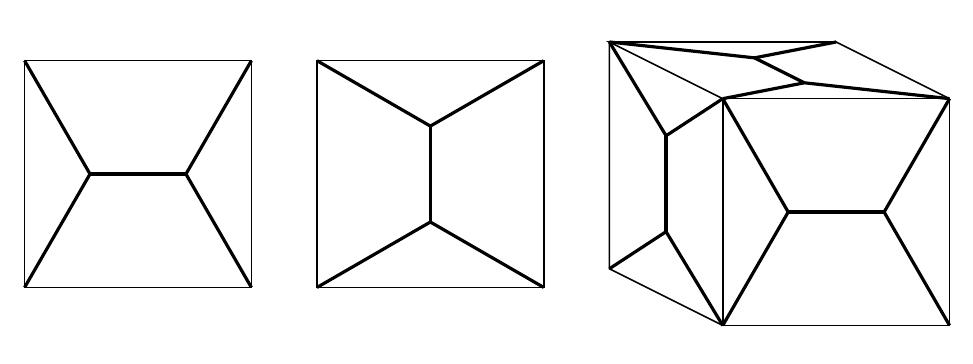 The same road network, then the same but rotated 90 degrees, then copies of those diagrams drawn onto the faces of a cube so that each edge of the cube sees a matched pair on one face and an unmatched pair on the other face. The same road network, then the same but rotated 90 degrees, then copies of those diagrams drawn onto the faces of a cube so that each edge of the cube sees a matched pair on one face and an unmatched pair on the other face.