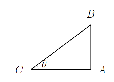 A right-angled triangle ABC with the right angle at A and the angle at C marked theta.