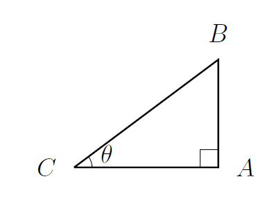 A right-angled triangle ABC with the right angle at A and the angle at C marked theta. A right-angled triangle ABC with the right angle at A and the angle at C marked theta.