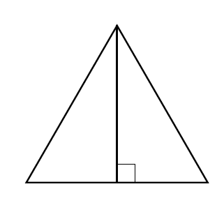 An equilateral triangle split in two with a vertical line. A right angle is marked where that line meets the middle of the base of the triangle