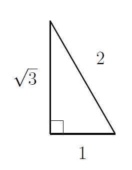 A right-angled triangle with hypotenuse 2 and other sides 1 and root-3.