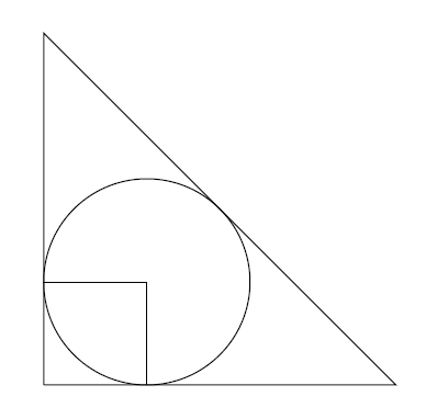 An isosceles right-angled triangle, with a circle inside which is tangent to all three sides. A square is marked in, made of radii of the circle to the short sides of the triangle, and parts of the short sides themselves
