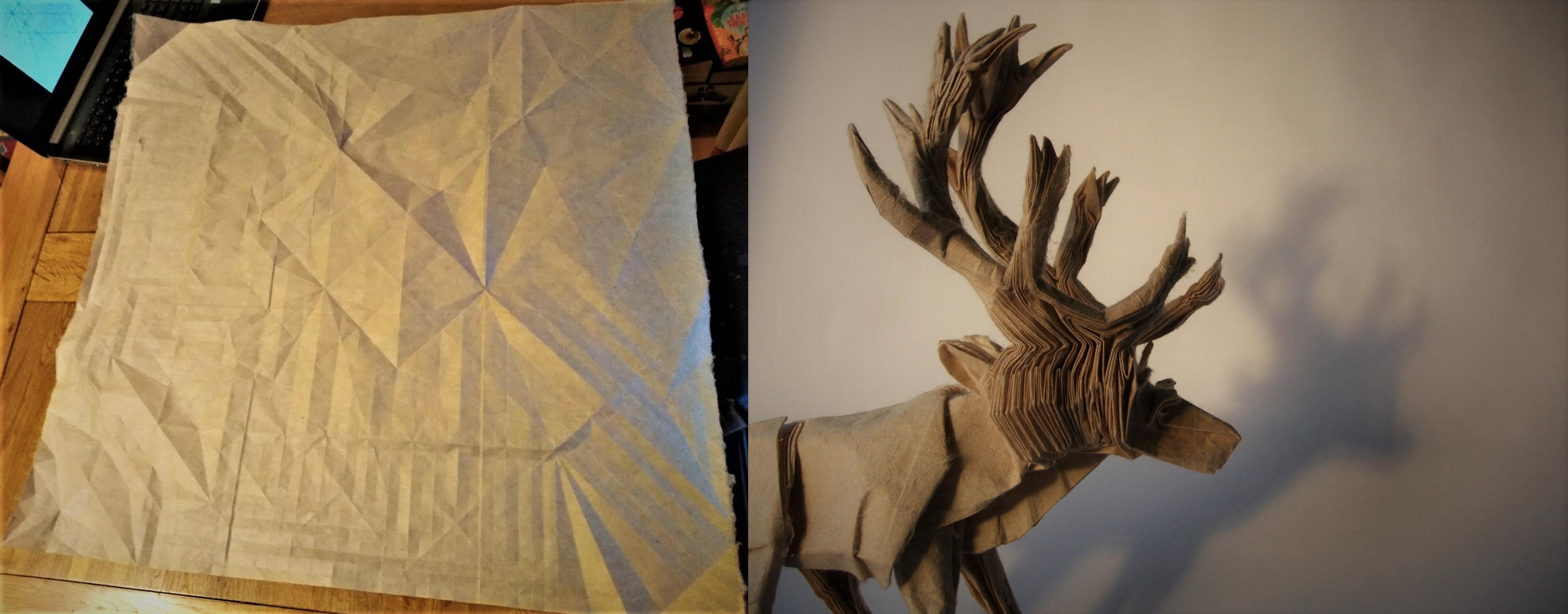 A paper reindeer folded from crease pattern.