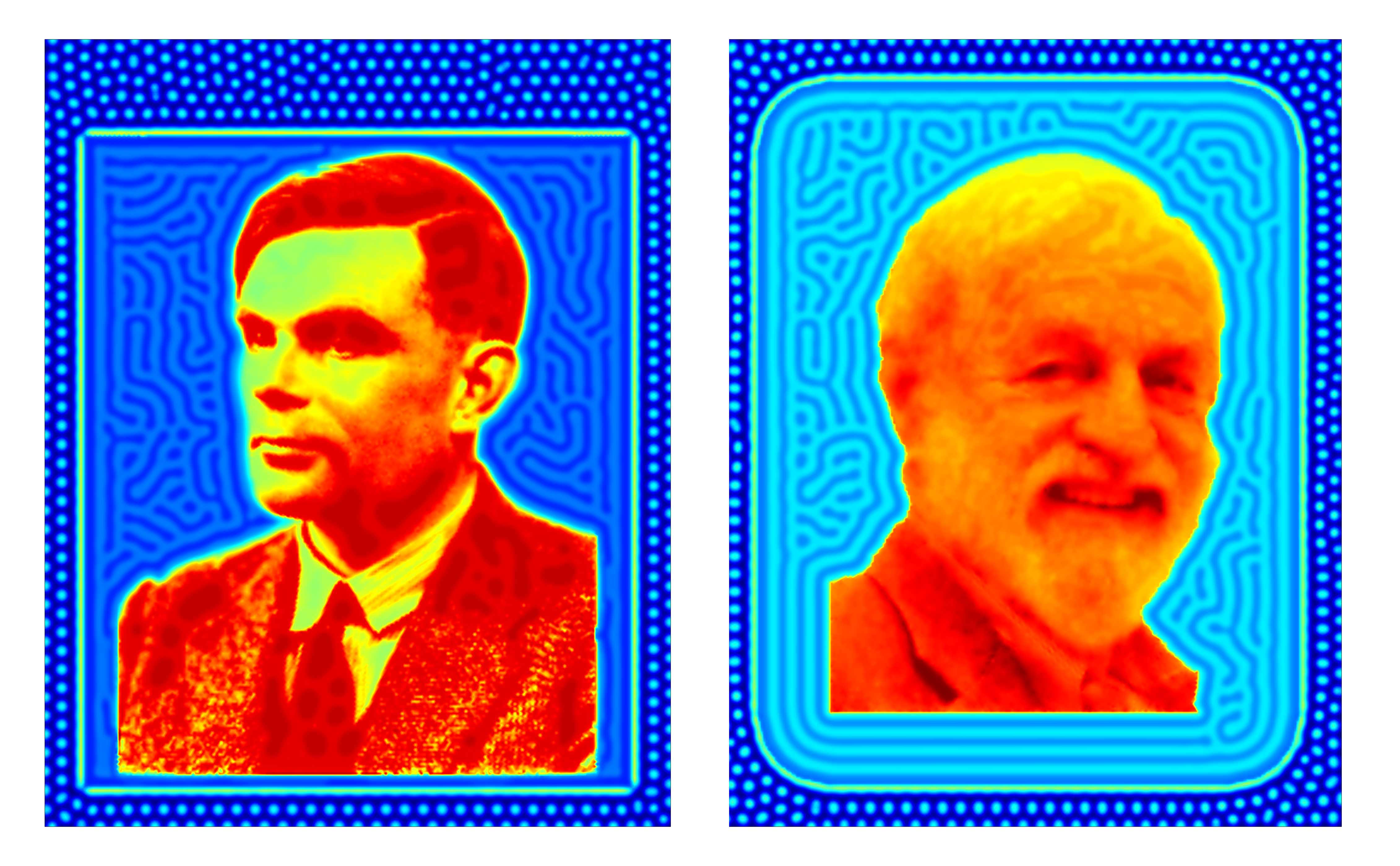 Faces of Alan Turing and James Murray created using Turing patterns