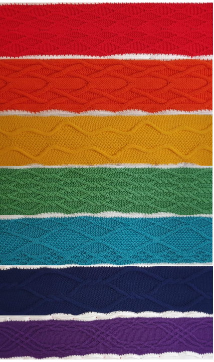 Knitted scarves in rainbow colours illustrating the seven possible types of symmetry patterns in frieze groups.