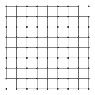 An 8 by 8 grid of squares with two opposite corner squares removed An 8 by 8 grid of squares with two opposite corner squares removed