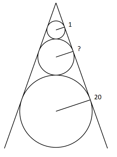 Three circles stacked tangent to each other in series, with two common tangents to all three circles marked. The radiii are 1 and x and 20 in that order. Find x.