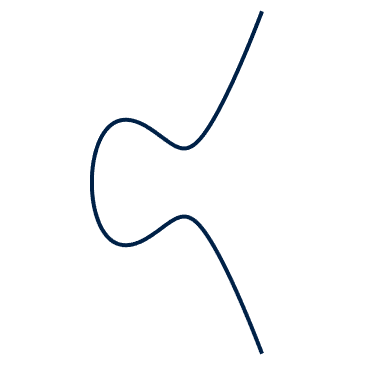 An elliptic curve; this smooth curve enters at the top right of the image, changes direction in the middle to head towards the top left corner, but then smoothly loops around into the lower half of the image, which is the reflection of the top half.