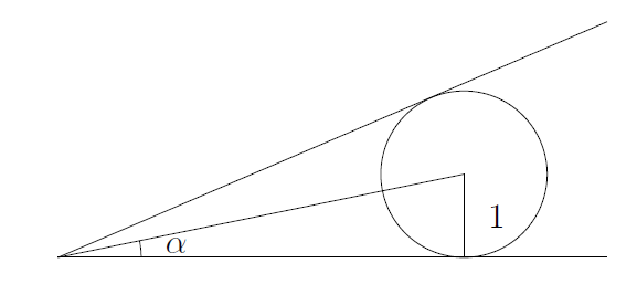 The first circle is tangent to both lines. The radius to the x-axis is labelled 1, and the line from the centre of the circle to the origin is drawn, making an angle alpha with the x-axis at the origin.