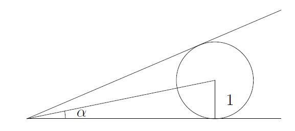 The first circle is tangent to both lines. The radius to the x-axis is labelled 1, and the line from the centre of the circle to the origin is drawn, making an angle alpha with the x-axis at the origin. The first circle is tangent to both lines. The radius to the x-axis is labelled 1, and the line from the centre of the circle to the origin is drawn, making an angle alpha with the x-axis at the origin.
