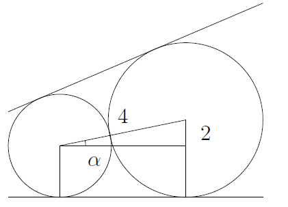 Two circles are tangent to two lines. The line between the centres is shown (it goes through the point of tangency). A horizontal line from the centre of the smaller circle is shown. These form a triangle with part of the radius of the larger circle.