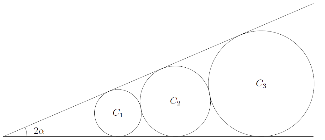 Three circles in a row are tangent to each other. They all sit on a horizontal line, and there's a diagonal line that's tangent to all three circles. The angle between the two lines is 2 times alpha