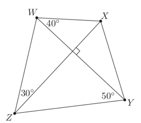 Quadrilateral with perpendicular diagonals, and three angles marked as in the text.