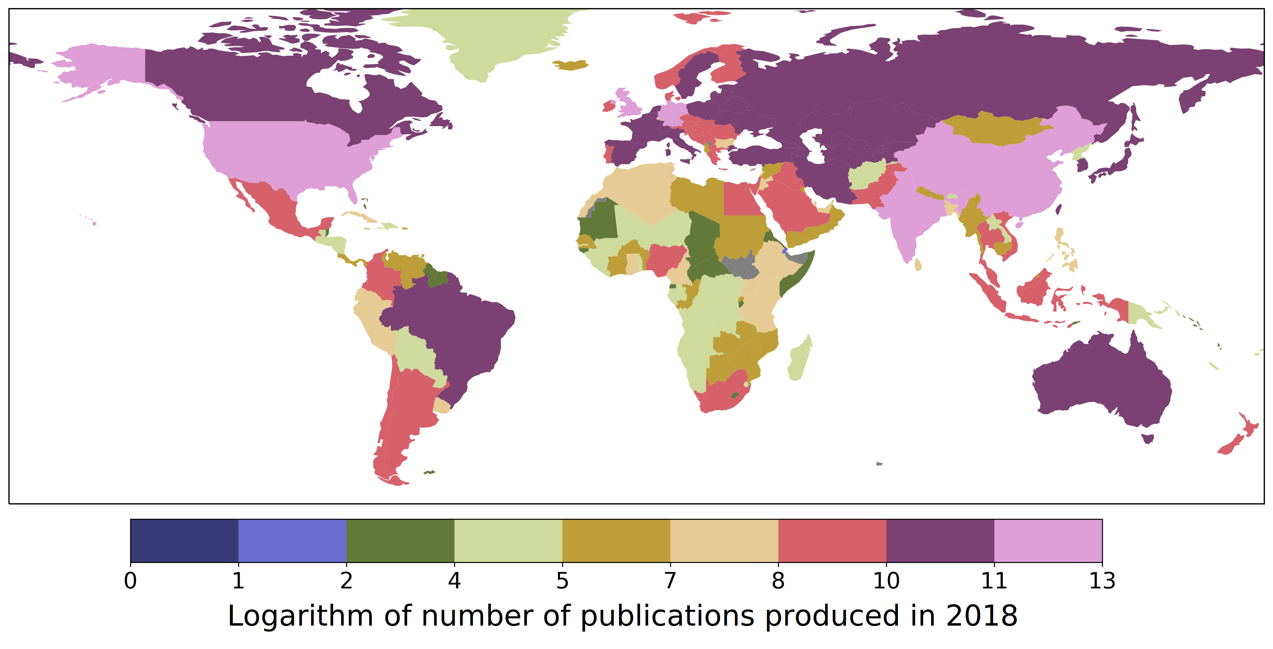 Logarithm of number of publications produced in 2018