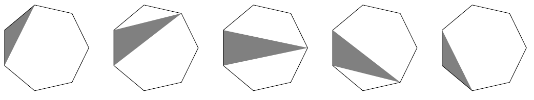 Five heptagons. Each contains a grey triangle which shares a side with the heptagon (always the same side). The other corner of the triangle is one of the other five corners in each case, working around the heptagon in the five cases. Five heptagons. Each contains a grey triangle which shares a side with the heptagon (always the same side). The other corner of the triangle is one of the other five corners in each case, working around the heptagon in the five cases.