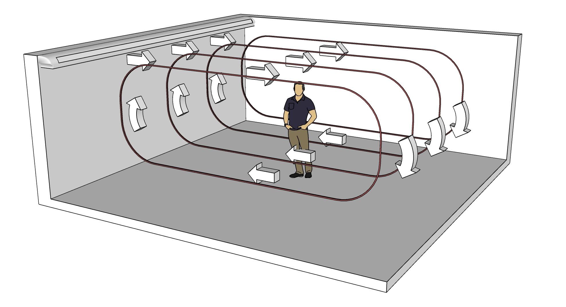 Schematic of a room configuration illustrating air recirculation generated by an air-conditioning unit.
