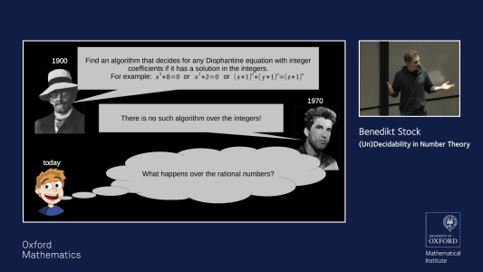 Image of Benedikt Stock giving his talk; and his slide which features David Hilbert, Yuri Matiyasevich and a cartoon of Benedikt himself.