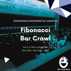 A poster with a blue background and white lettering: 'Fibonacci Bar Crawl' A poster with a blue background and white lettering: 'Fibonacci Bar Crawl'