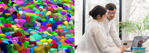 A split image with colourful shapes on the left, and two students in lab coats on the right