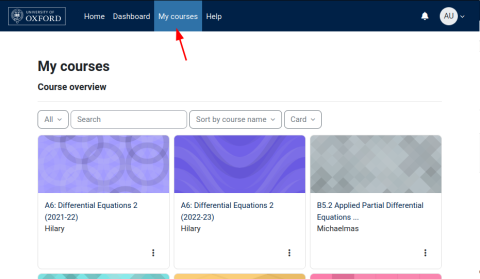 Screenshot showing the My Courses page, with an arrow indicating the My Courses link in the header