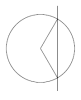A circle with a vertical line crossing it on the right. Radii are drawn from the centre of the circle to the points of intersection.