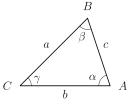 A triangle ABC with angles alpha, beta, and gamma at A, B, and C, and with side lengths a, b, c opposite those corners.