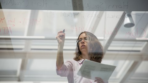 Female student writing mathematical formulae on glass