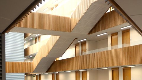 Interior of the Andrew Wiles building showing staircases and office corridors