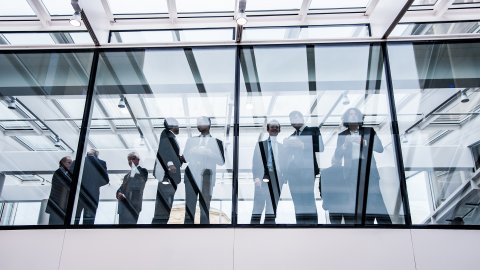looking up into the common room from the entrance bridge