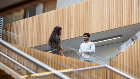 Image of postgraduates talking on the staircase