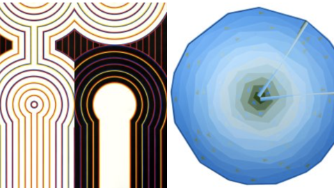 Bottom from left:  Hot Breeze, 1994; Heat, 1976; Exit (a seventeen sided work), 1993; Straight Line Rotation, White on Black. Forest, 1986