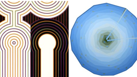 Bottom from left:  Hot Breeze, 1994; Heat, 1976; Exit (a seventeen sided work), 1993; Straight Line Rotation, White on Black. Forest, 1986
