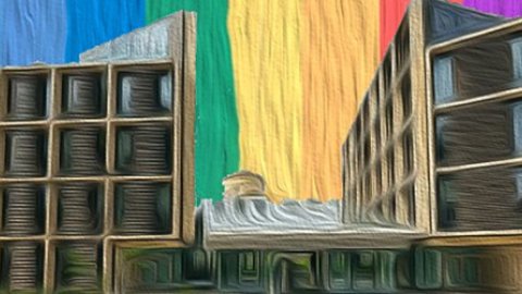 Generated image of the Andrew Wiles Building with colours from progress flags replacing the skyline behind