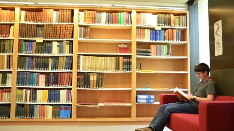 A student reading in the Whitehead Library at the Mathematical Institute.