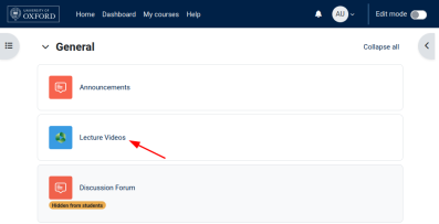 Screenshot showing a course page, with an arrow pointing to "Lecture Videos"
