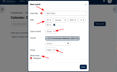Screenshot showing the "New event" form, with arrows pointing to each of the fields and the "Show more..." link