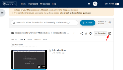 Screenshot showing the Lecture Videos page, with an arrow pointing to the "Open in Panopto" icon